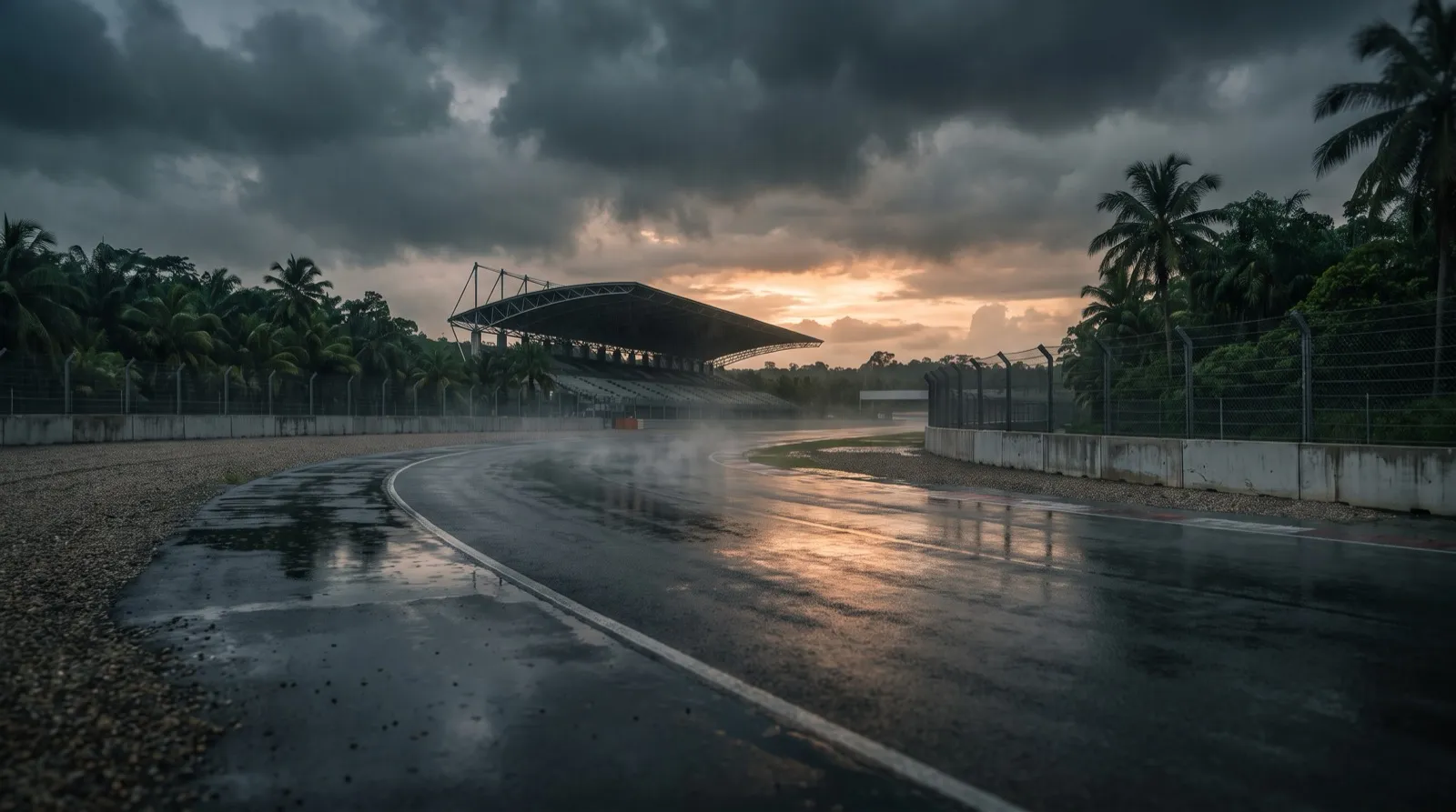 熱帯のスコール空の下、雨に濡れて水たまりが光る無人のサーキットと、奥にかすむ大きな屋根付きスタンドのイメージ