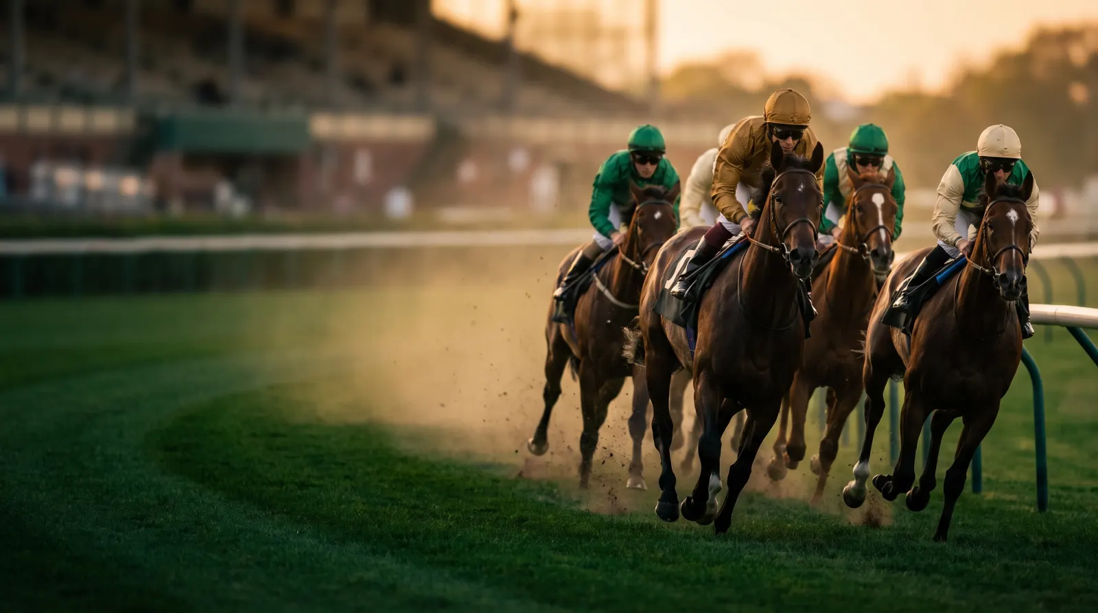 夕暮れの芝コースでコーナーを回る競走馬の集団（ブックメーカーの海外競馬）のイメージ