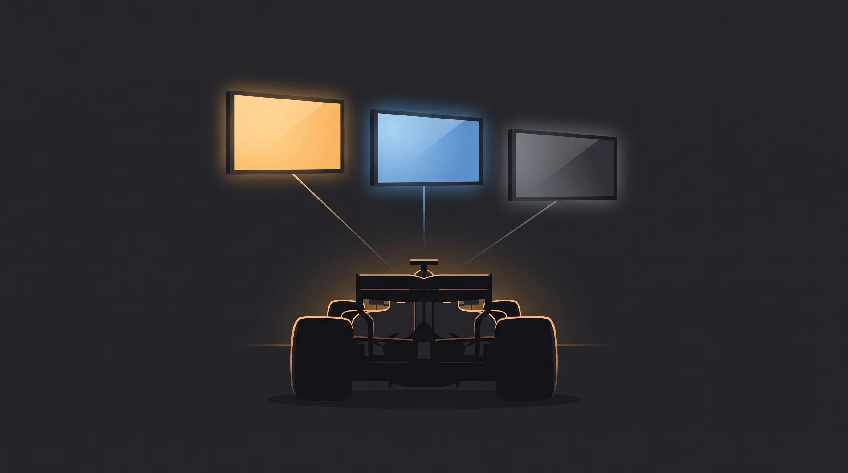 夜のサーキットを走るF1マシンの上に3枚の画面が並び、2枚は灯っていて1枚は暗いままのイメージ（同じレースでも国によって観られるかどうかが変わることを表した図）