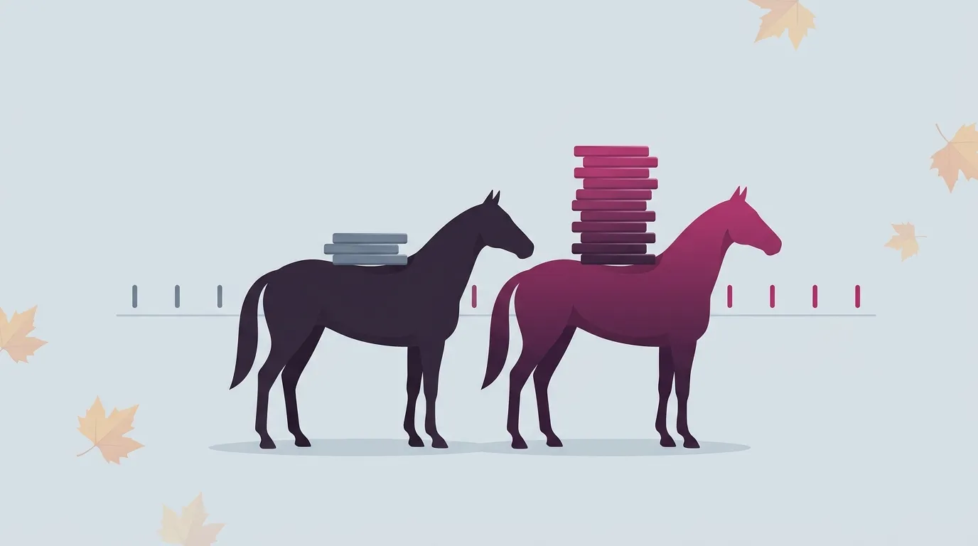 2頭の競走馬を横から描いた図。手前の馬の背には低い板の山、奥の馬の背にはずっと高い板の山が積まれている — 3歳馬と4歳以上で背負う斤量が違うことを表した図