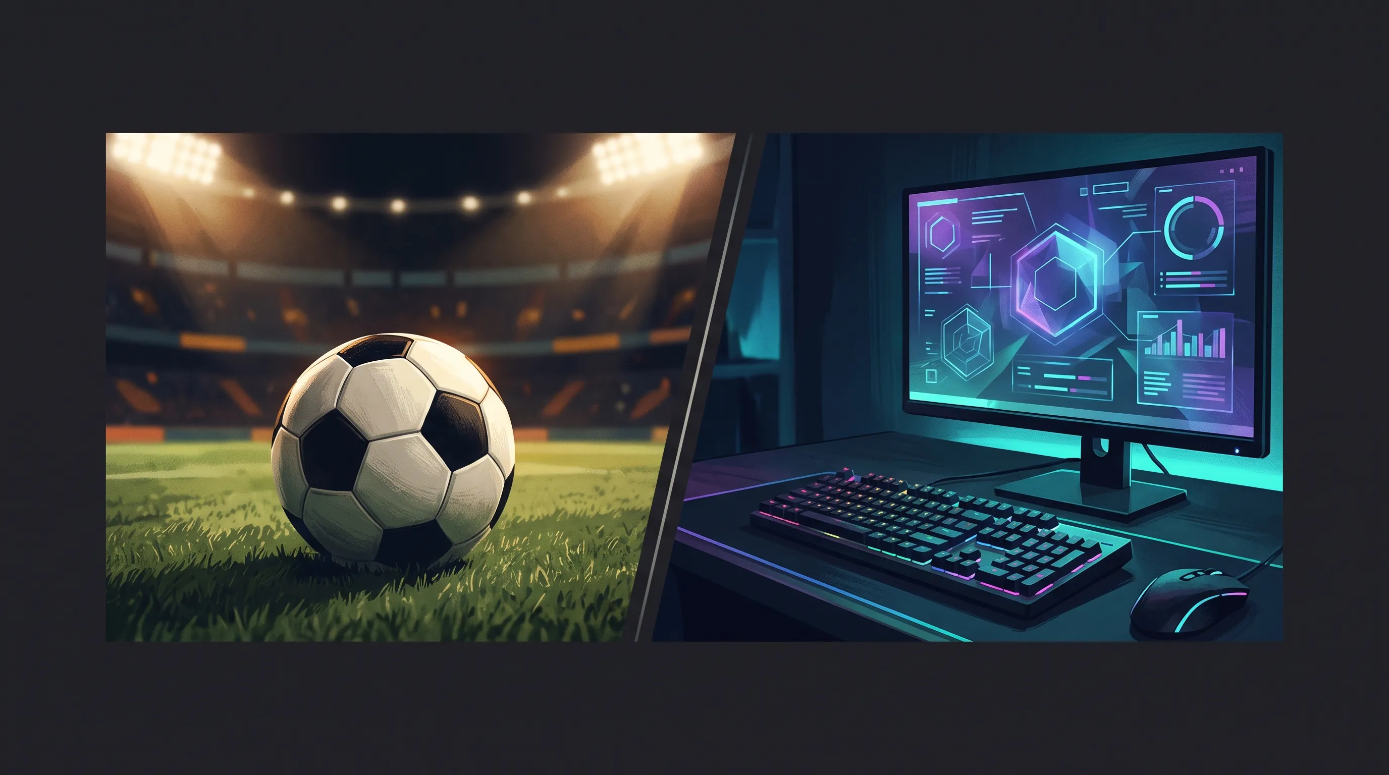 ナイターのピッチに置かれたサッカーボールと、ゲーミングデスクのモニターを並べたイメージ（日本語版ベットウェイはサッカーとeスポーツを前面に出していた）