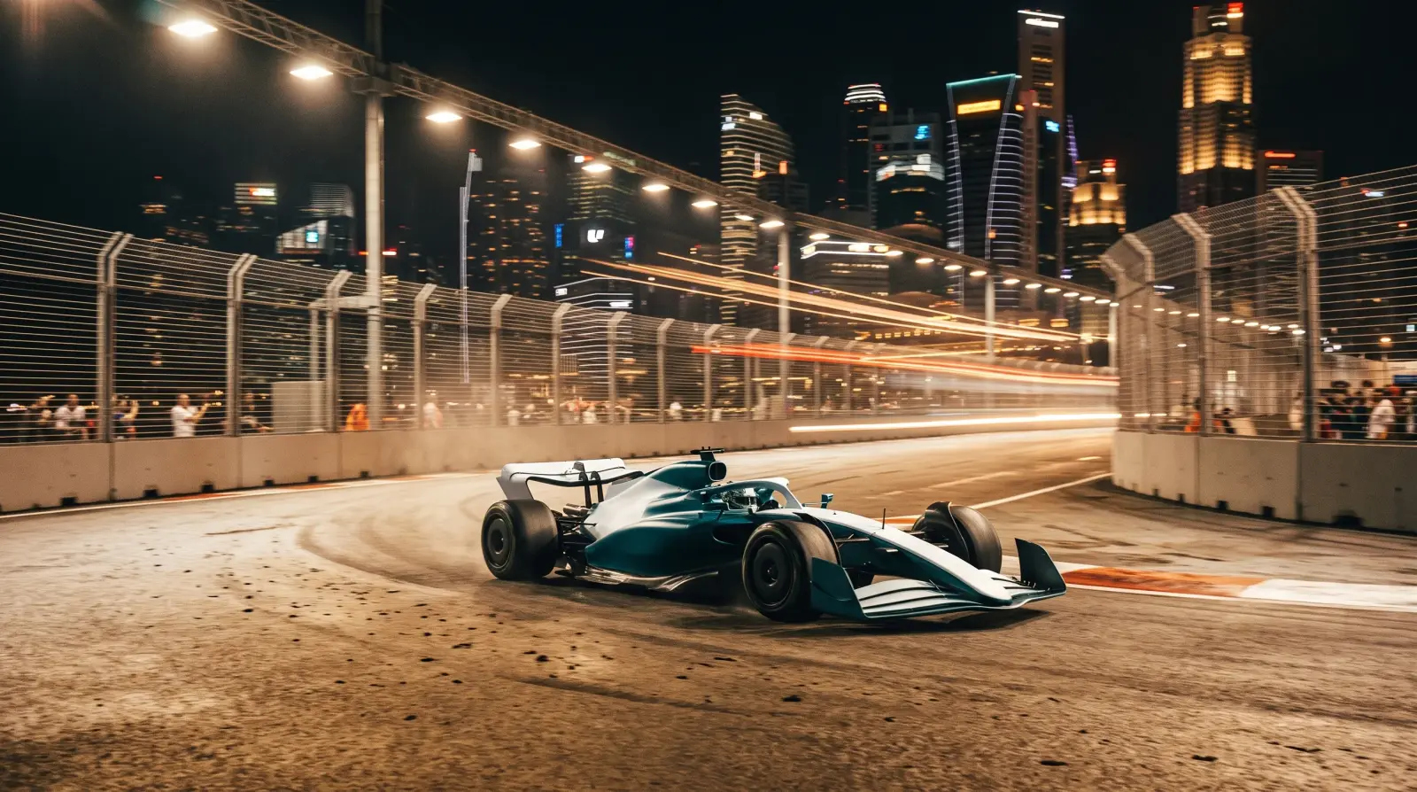 ナイトレースの市街地サーキットを走るF1マシンのイメージ