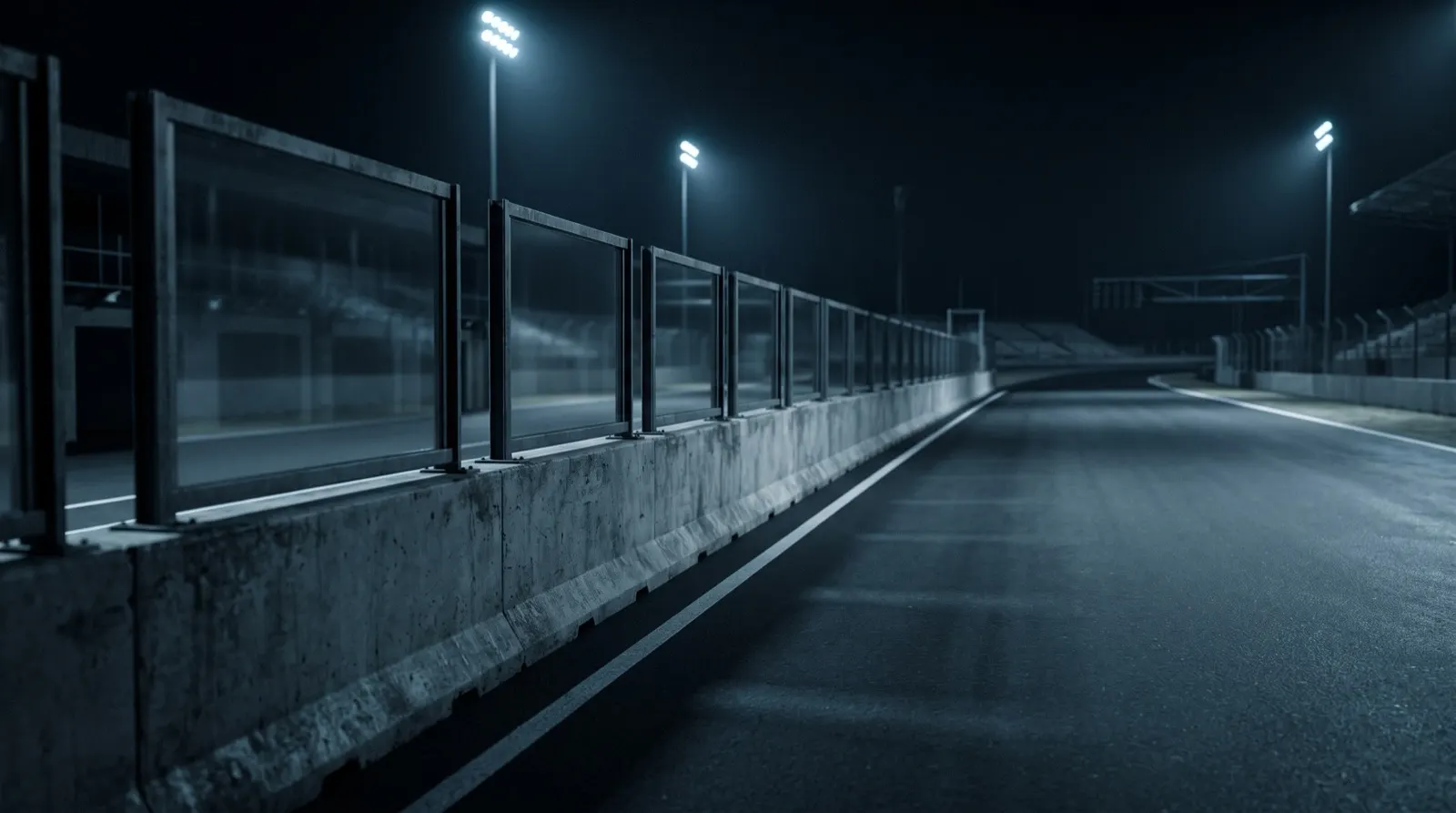 コース脇に並ぶ表示灯がすべて消えたまま、夜の路面が奥まで途切れずに続いているイメージ