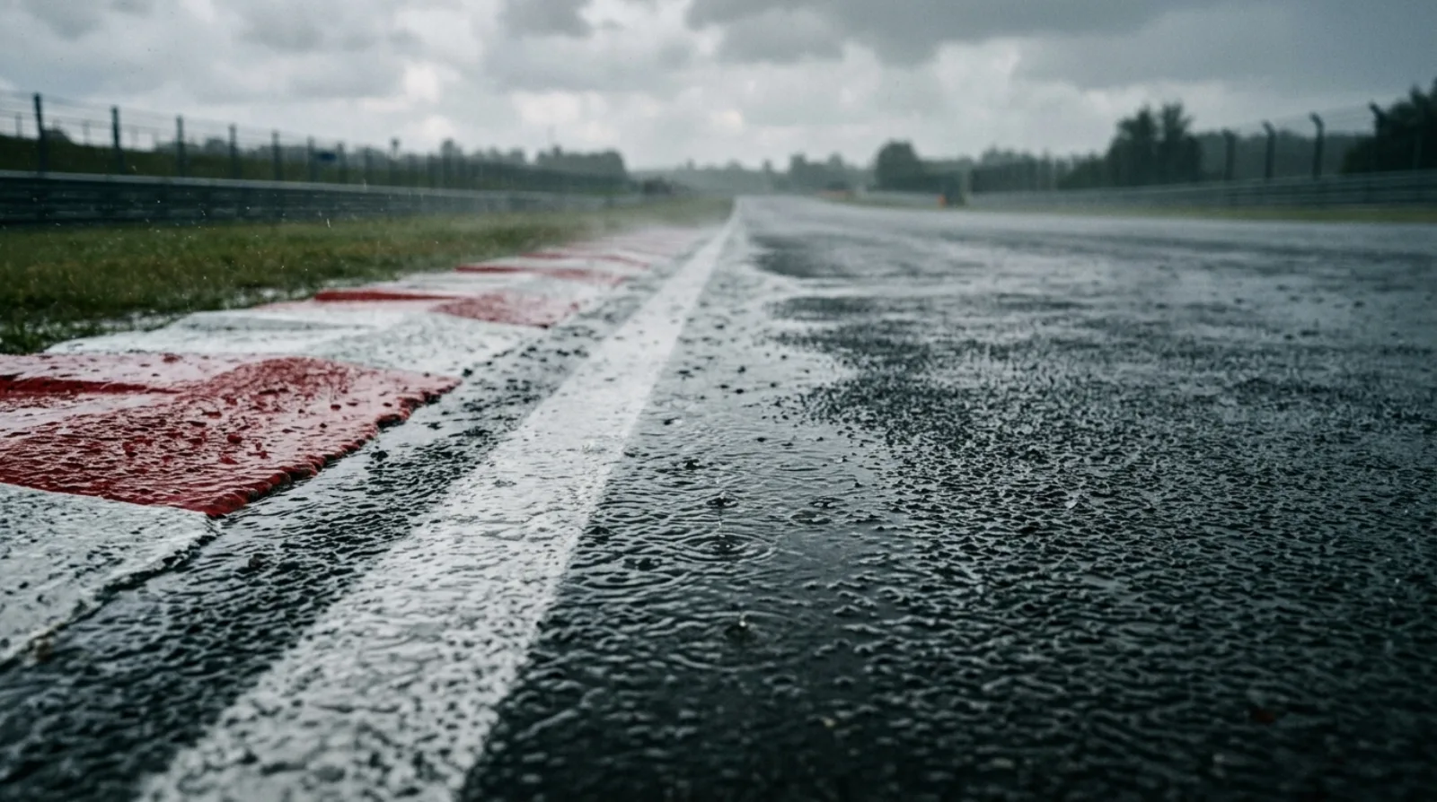 雨で濡れたサーキットの路面を低い位置から見たイメージ。白線の上にも水がたまり、灰色の空を映している