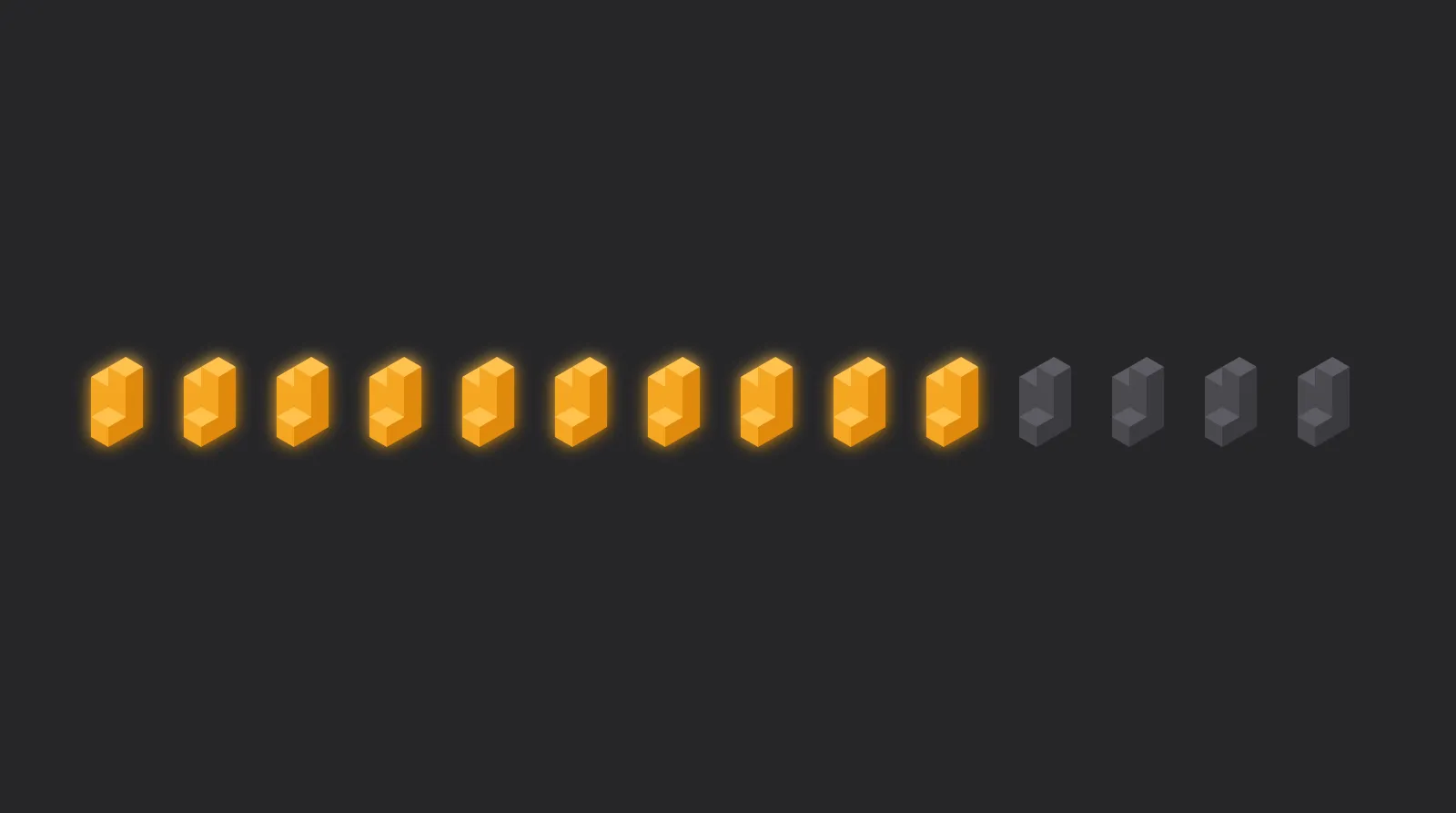 同じ形の表彰台ブロックが14個横一列に並び、そのうち左の10個だけが明るく灯り、右端の4個は暗いままであることを示したイメージ（14戦中10勝が1チームに集中していること）