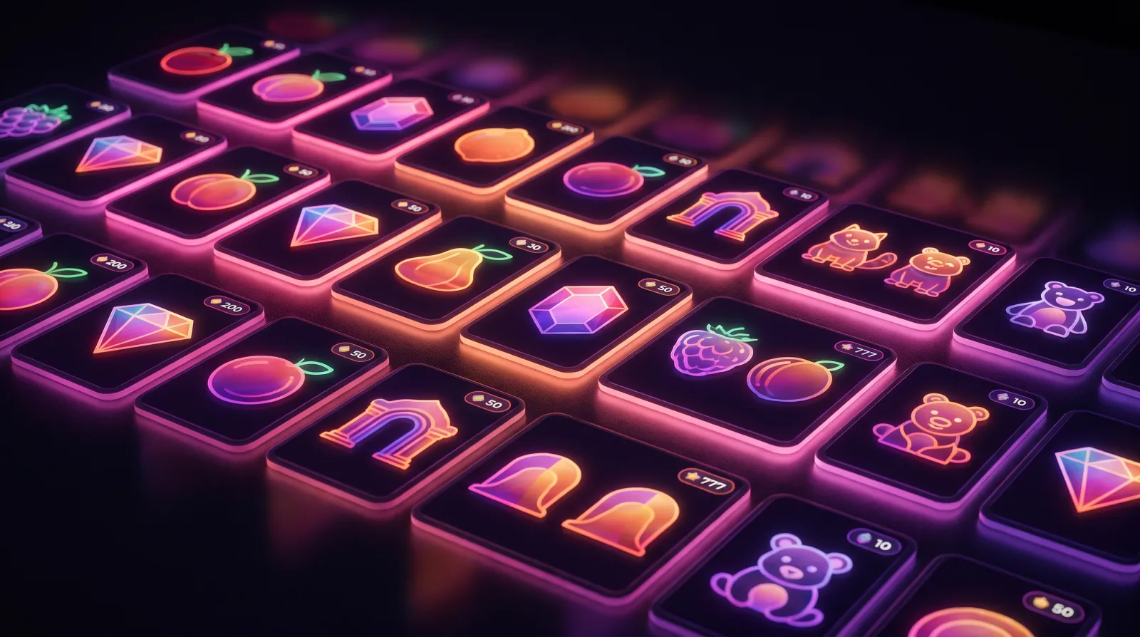 ダークな画面に色とりどりのゲームタイルが整然と並ぶ、オンラインカジノのゲーム一覧のイメージ