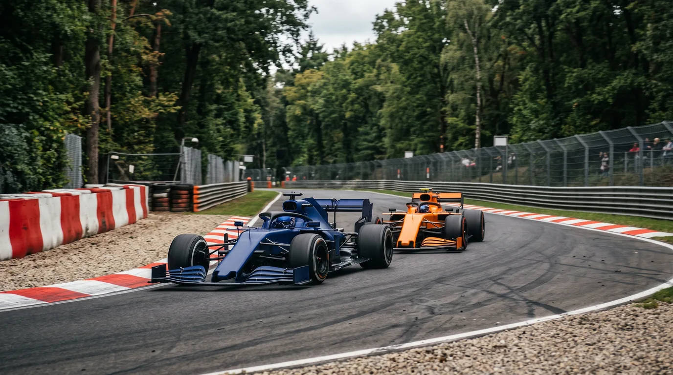 木立に挟まれた狭いコースのコーナーで、2台のF1マシンが並びきれないまま接近しているイメージ