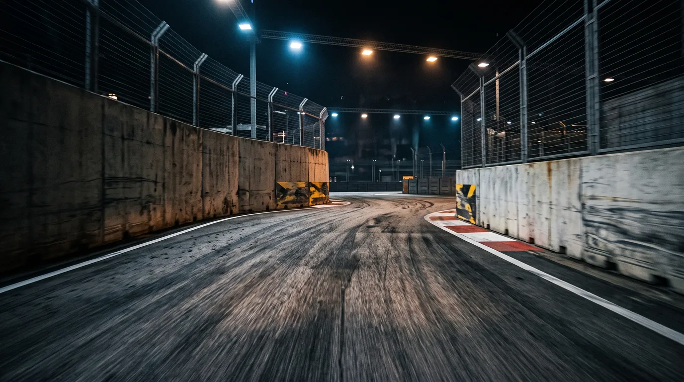 コンクリートウォールが両側に迫り、先の路面が見えないまま高速で入っていく夜のストリートコーナーのイメージ