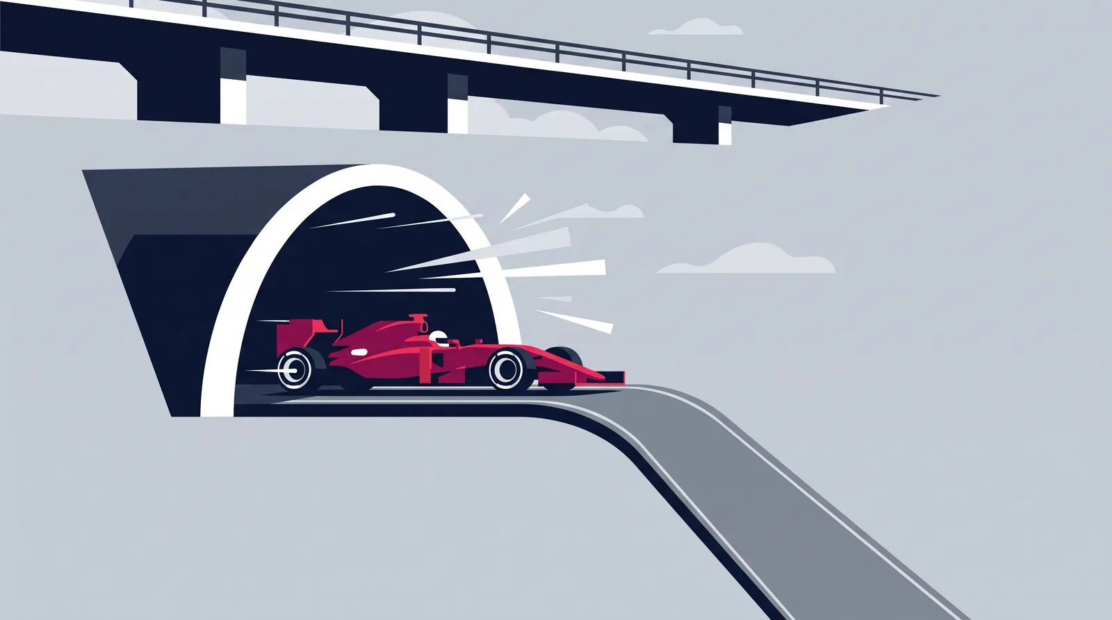 高架下のトンネルを抜けて急な下り勾配へ入るF1マシンのイメージ（マドリングの特徴的な区間）