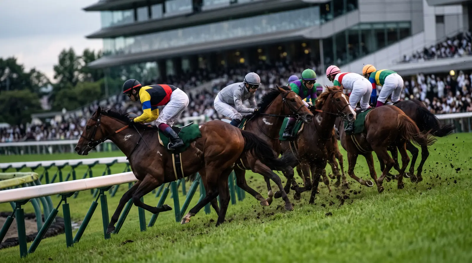 ゴール前の上り坂を駆け上がる馬群（阪神芝2200m）のイメージ