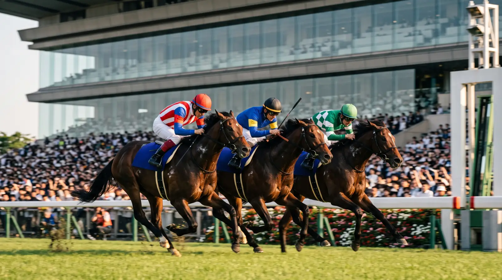 オークス（優駿牝馬）・東京競馬場のゴール前で3頭が並ぶ接戦のイメージ