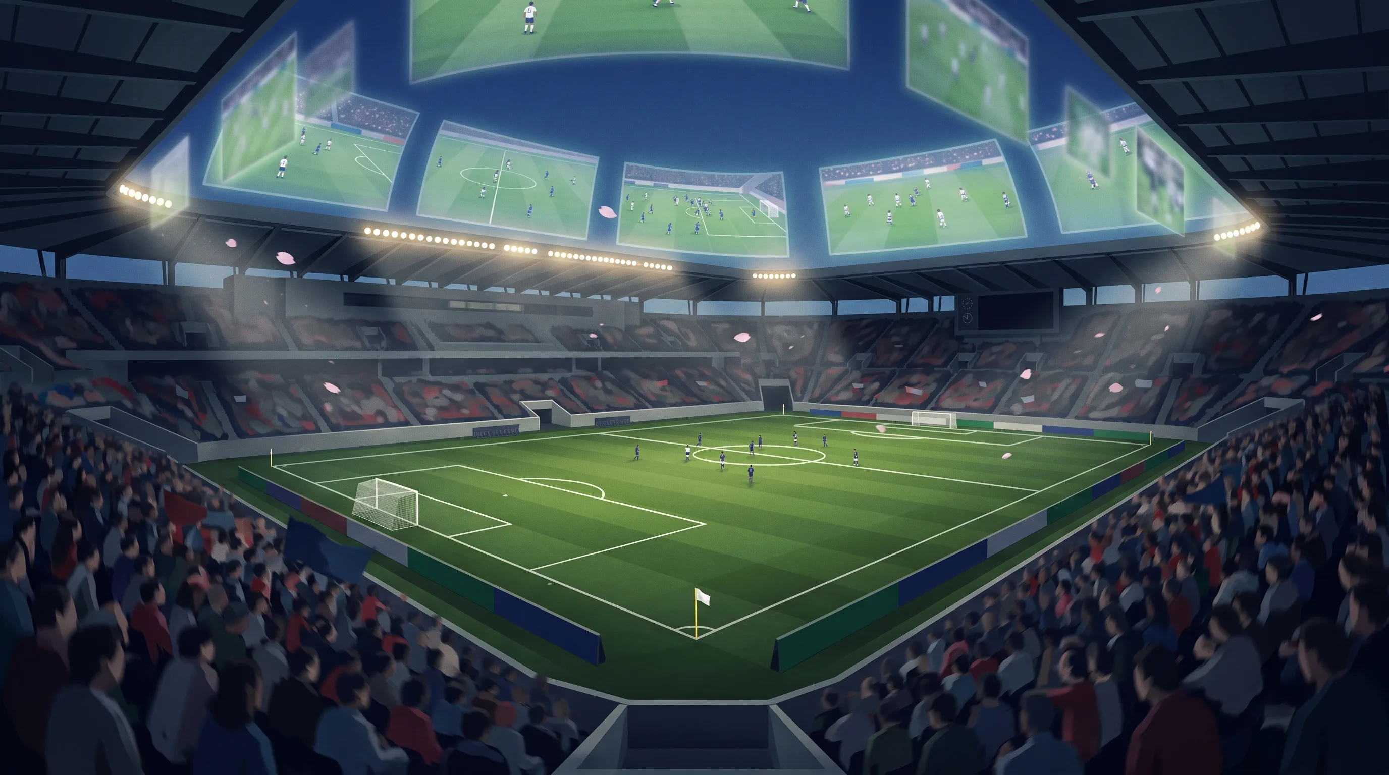 ナイター照明の日本のサッカースタジアムを高い位置から見下ろし、夜空に複数の放送画面が浮かんでいるイメージ（同じリーグを地域ごとに別の配信先で観ることを表した図）