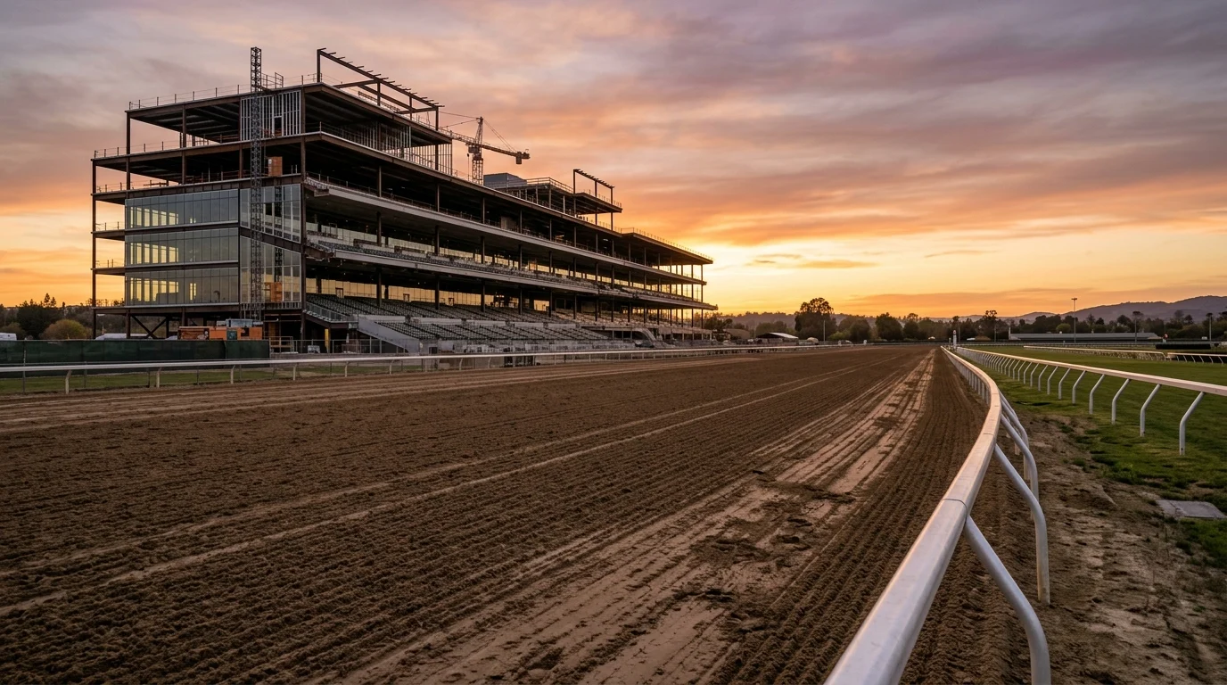 夕暮れのアメリカのダートコースの直線と、奥に建つガラスと鉄骨の新しいスタンド（上層階はまだ工事中）のイメージ