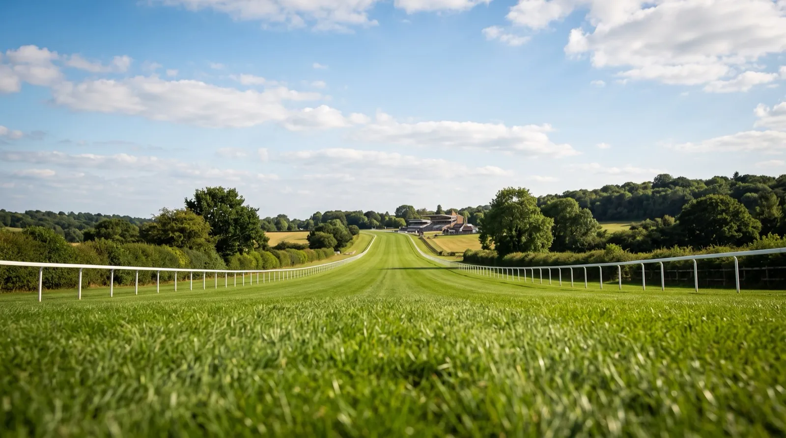 イギリスの平地競馬場の直線コース。芝が奥のスタンドに向かってまっすぐ伸び、両側に白いラチが続く