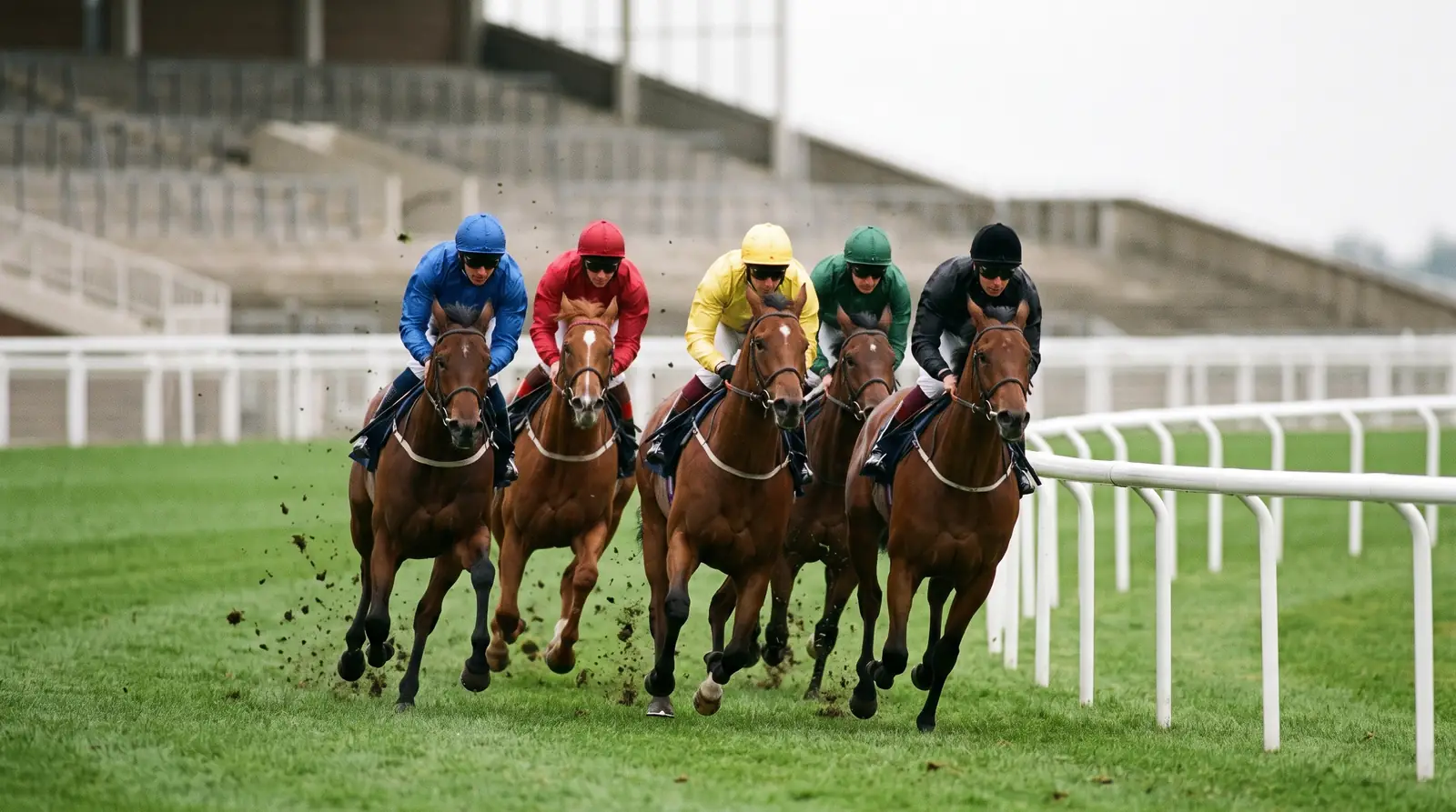 曇り空の下、芝コースの最終コーナーを大きく外に膨らみながら回る競走馬5頭の集団を、ラチの外から流し撮りしたイメージ