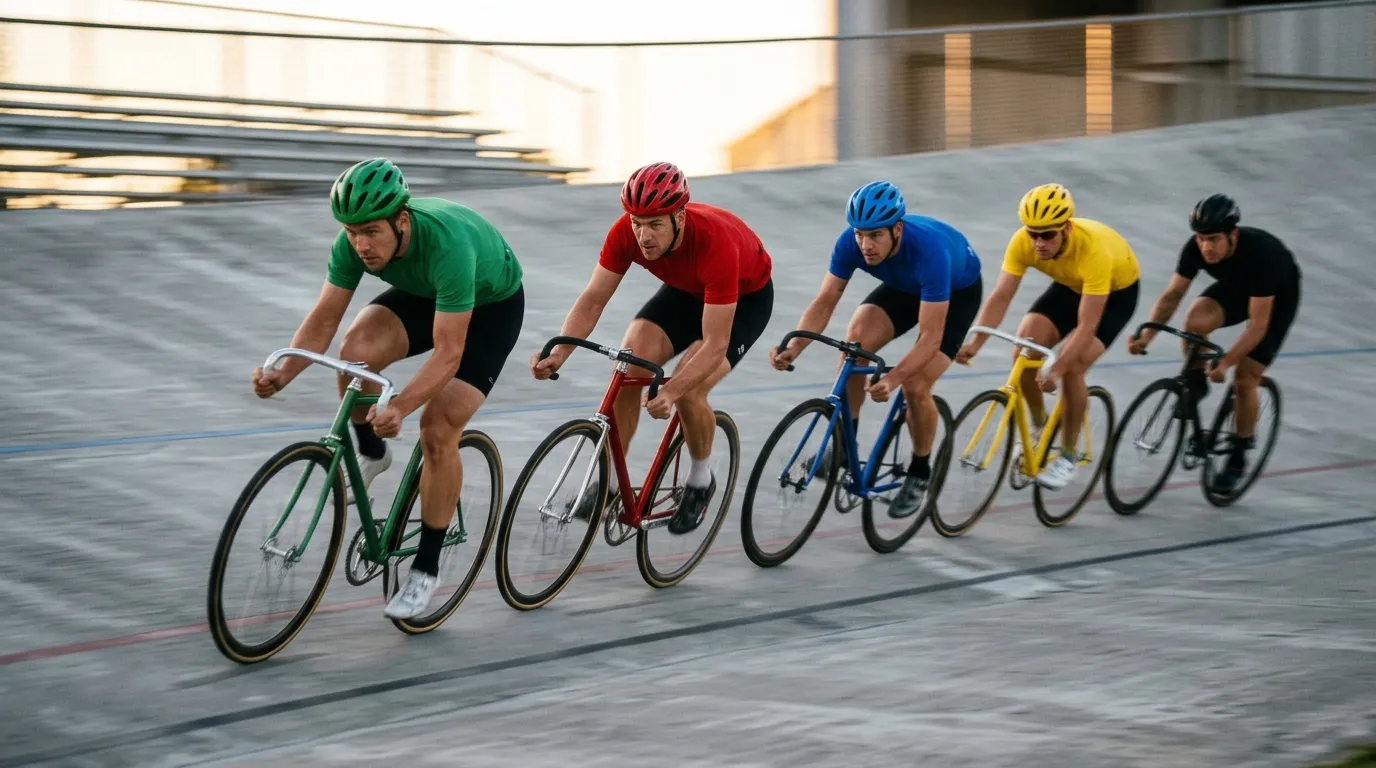 バンクを走る5人の競輪選手を低い位置から捉えたイメージ。単色のジャージを着た選手が縦一列に連なり、傾いたコンクリートのバンクに沿って走っている