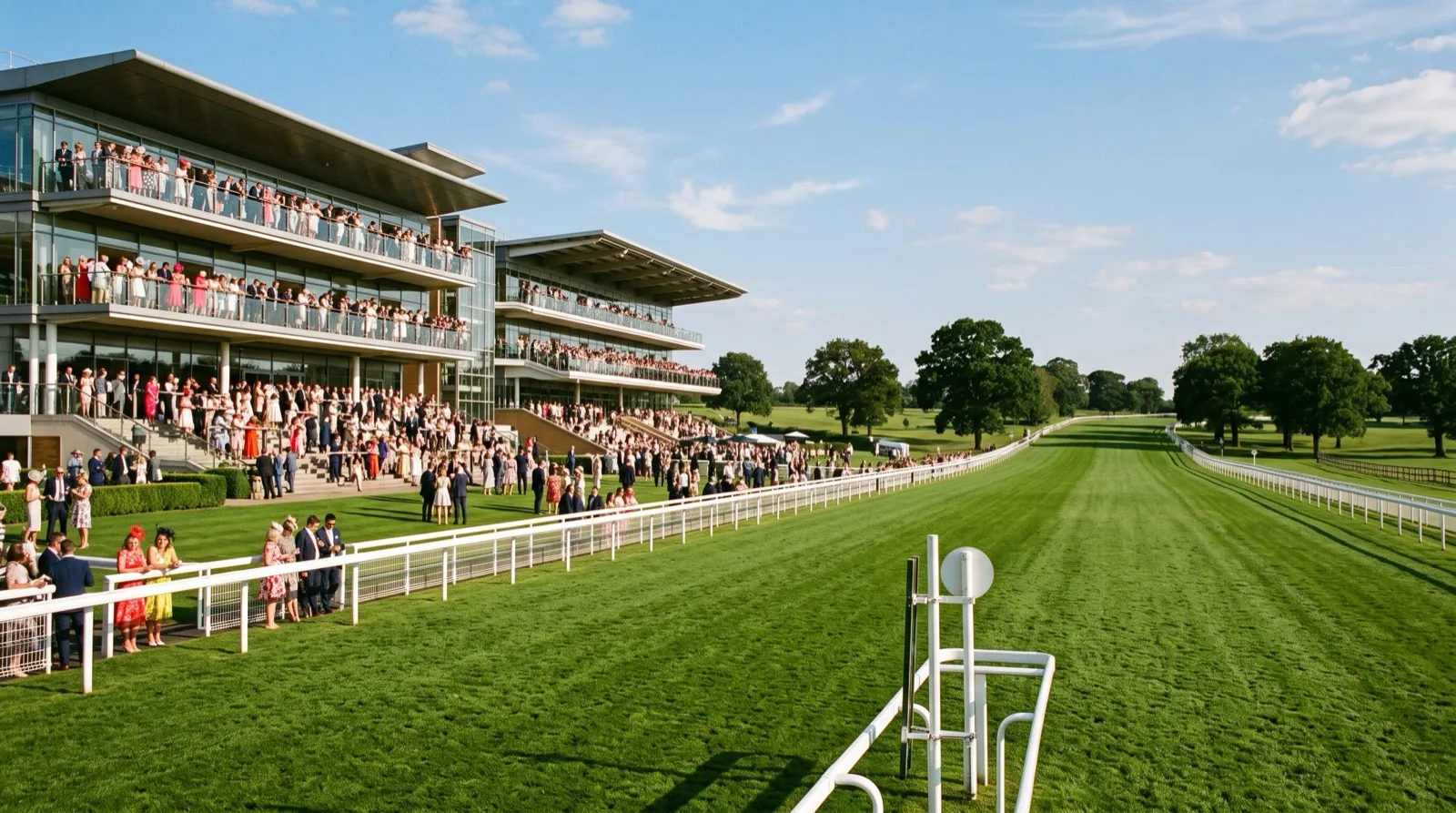 イギリスの大きな競馬場の直線を正面から見たイメージ。芝のコースがゴールに向かって上り坂になり、左手に多層の観覧スタンドと着飾った観客、奥に緑の樹林が広がっている