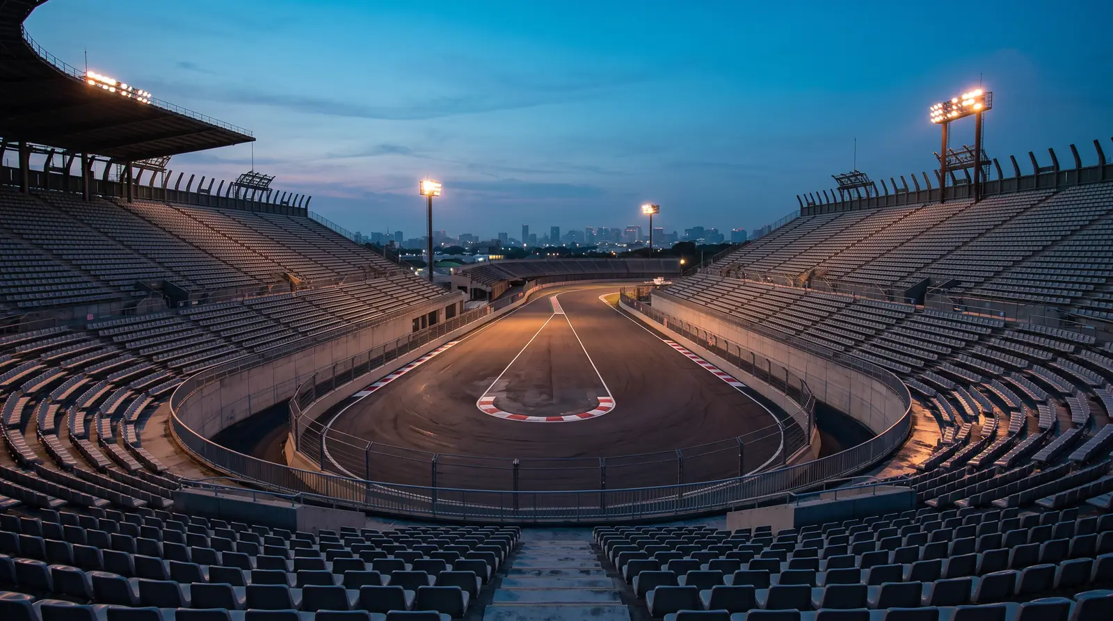 夕暮れの投光器が灯りはじめた、三方を急勾配の観客席に囲まれたサーキットのスタジアム区間を俯瞰したイメージ
