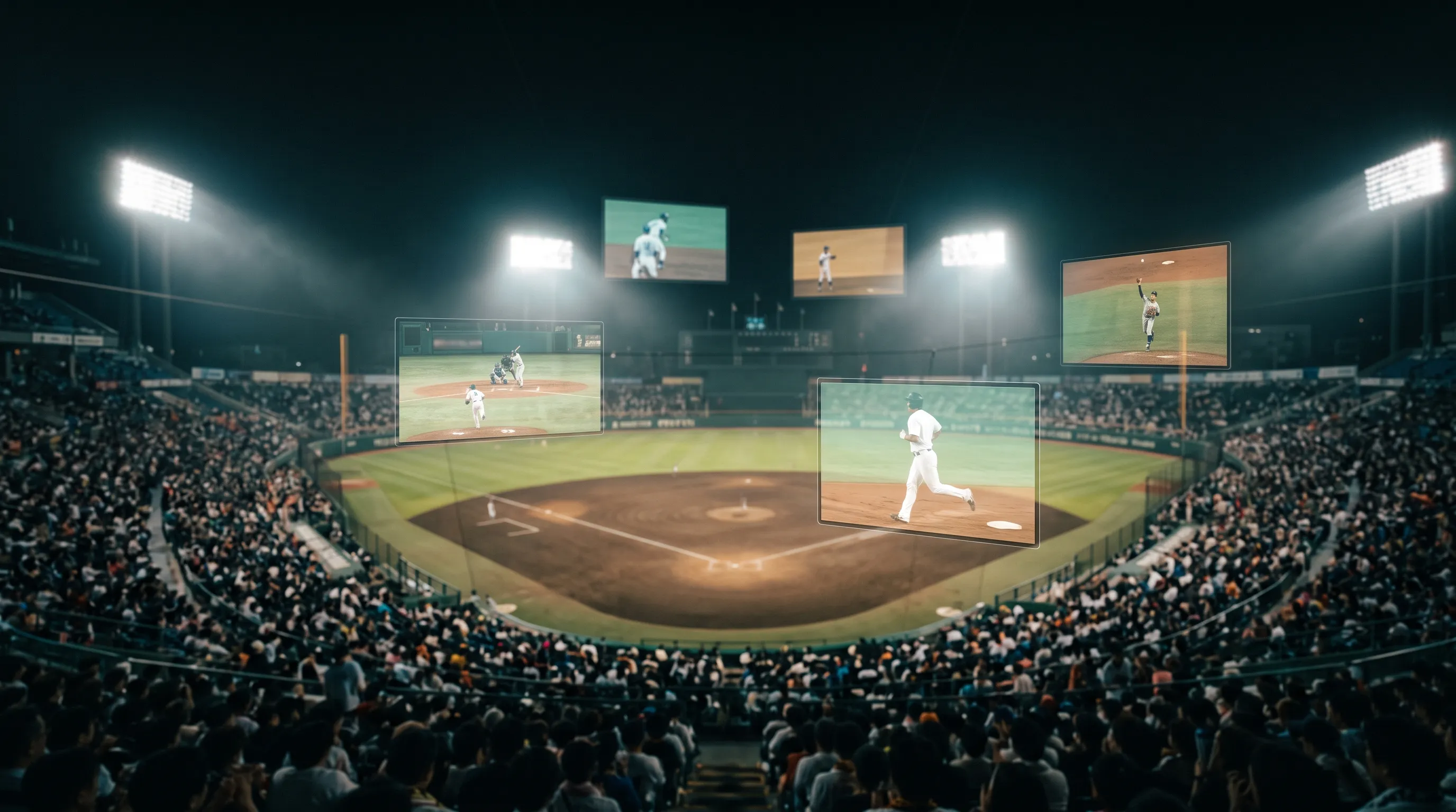 ナイター照明の日本の野球場を上段から見下ろし、内野の上に複数の放送画面が浮かんでいるイメージ（同じ競技を主催球団ごとに別の配信先で観ることを表した図）