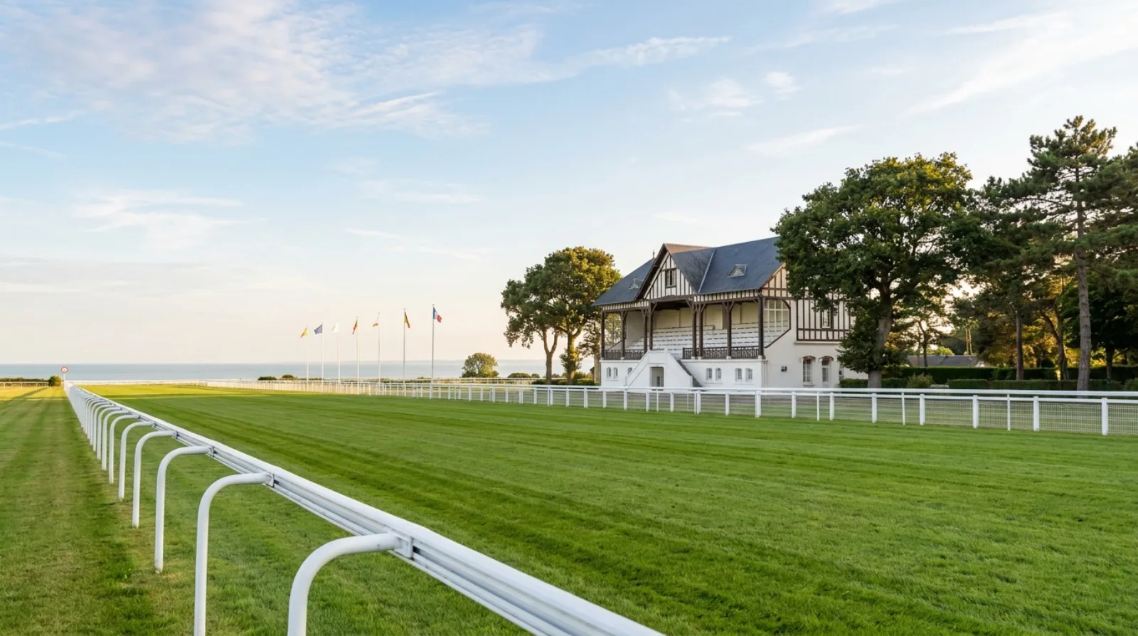 夏のフランスの海辺の競馬場。白いラチに挟まれた芝の直線が手前に伸び、ノルマンディー様式の木組みのスタンドと木立が並んでいるイメージ
