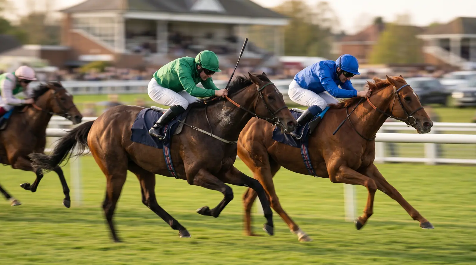 ゴール前で2頭が首を並べる接戦を横から捉えたイメージ。背景は流れている