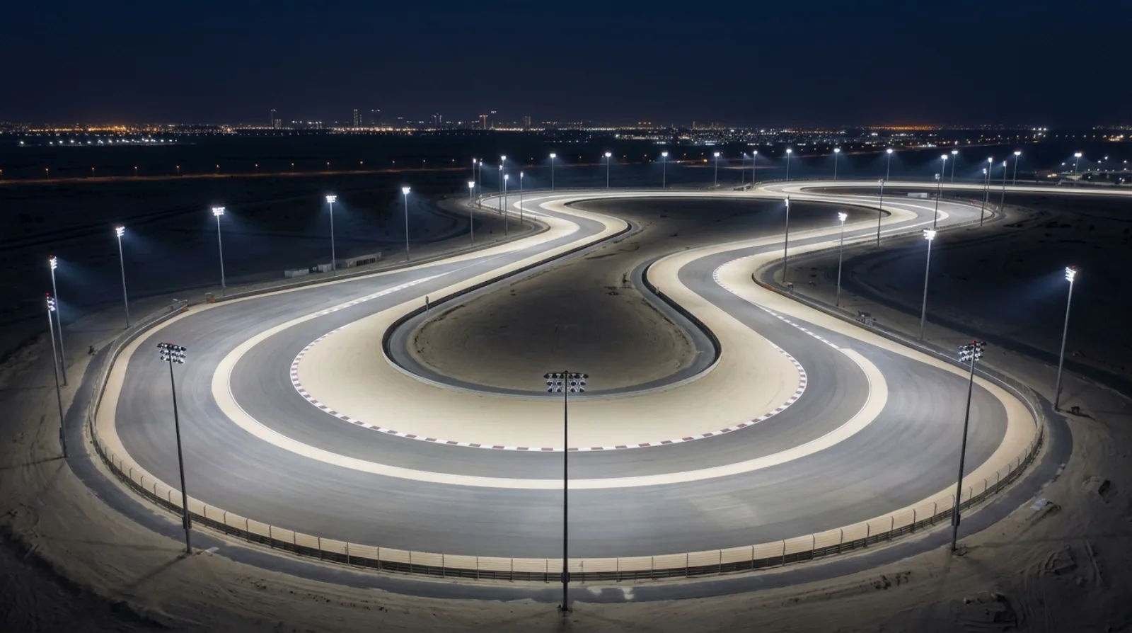 砂漠のなかの照明に照らされたサーキットを上空から見たイメージ。中高速の連続コーナーが流れるように続き、周囲に高い照明塔が並んでいる