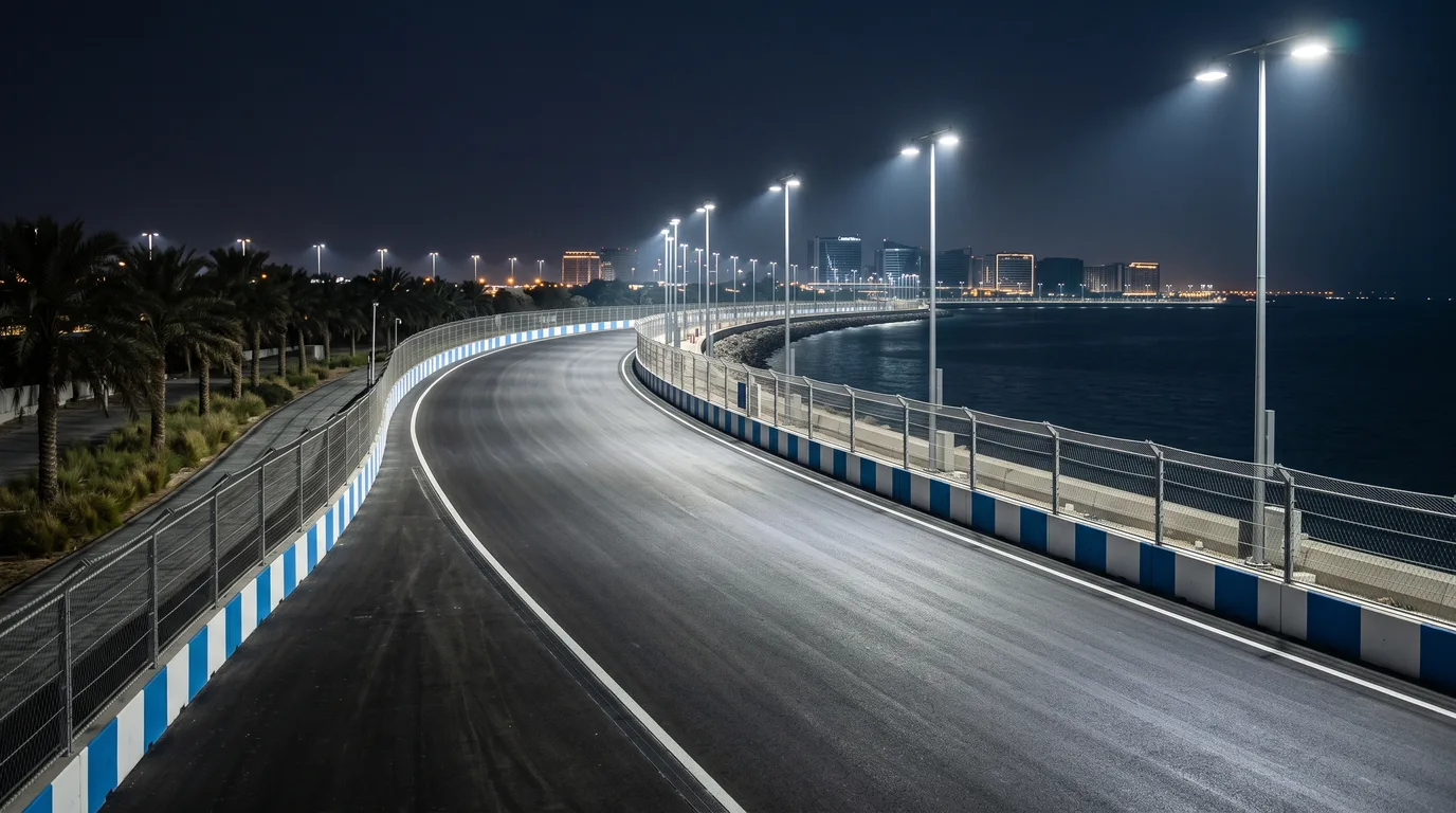 海沿いの平坦な道路に組まれたナイトレース用サーキット（ジェッダ・コーニッシュ）のイメージ