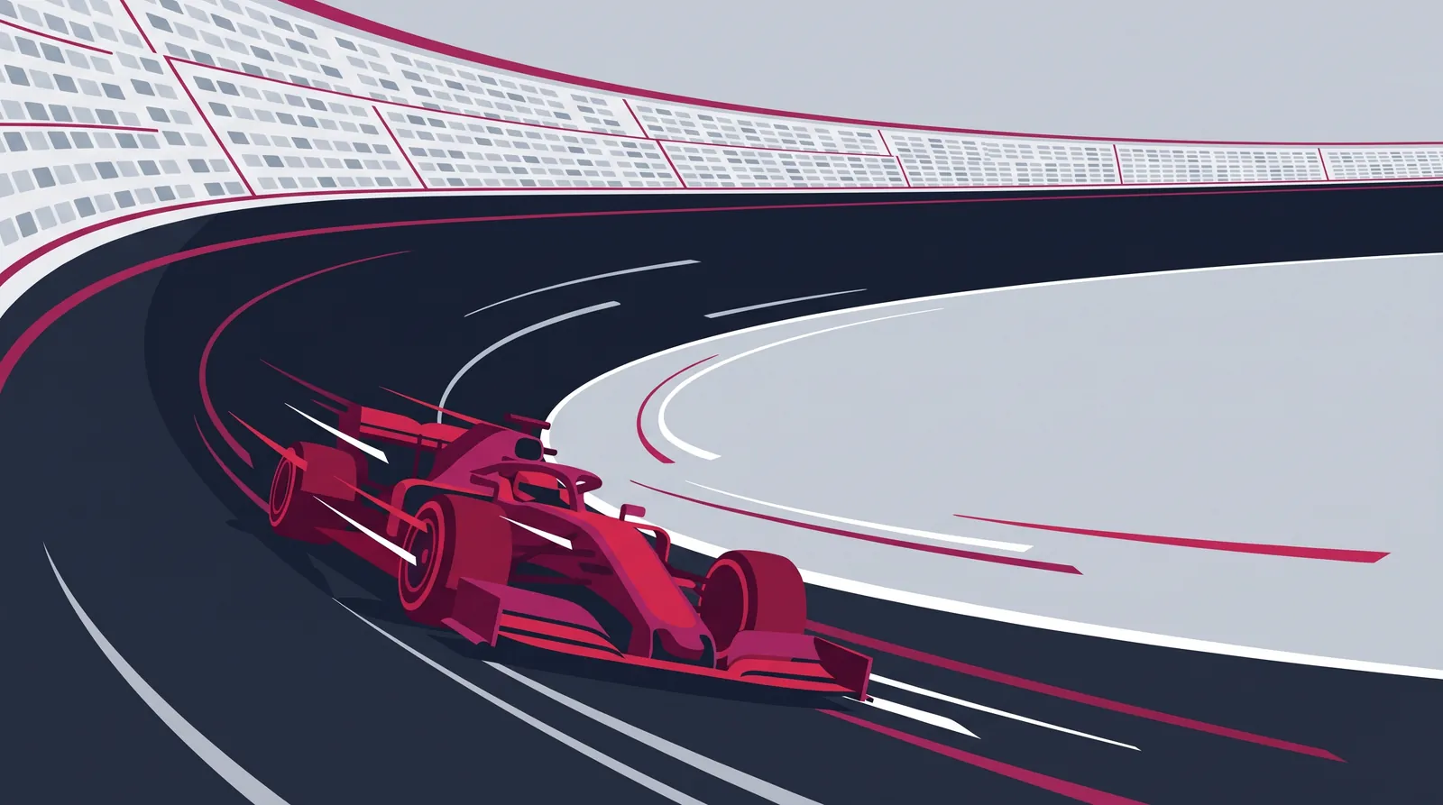 バンクのついた高速コーナーを駆け抜けるF1マシンのイメージ（マドリングの「ラ・モヌメンタル」は最大24度のバンク）