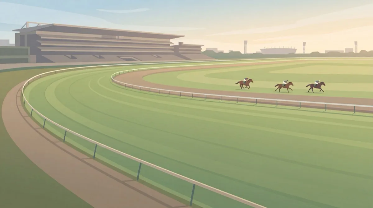 東京競馬場・芝1600mの広い左回りコースと長い直線のイメージ
